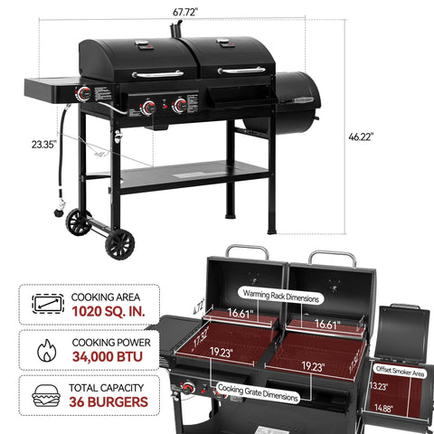 Two Burner Gas And Charcoal Grill Combo With Offset Smoker And Side Burner For Backyard BBQs, black grill dimensions shown.