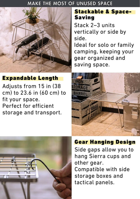 Expandable Slim Camping Rack Foldable Gear Shelf for Tent, Car, and RV Camping, Adjustable 15 to 23.6 Inches, shown stacked and folded.