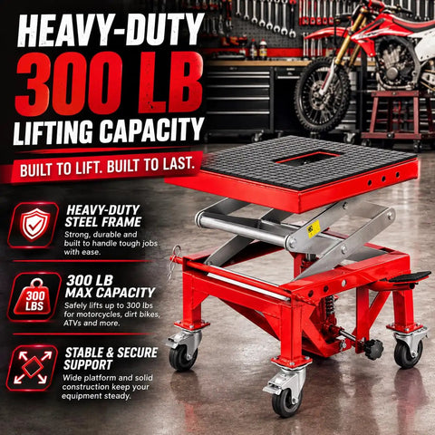 Heavy Duty Hydraulic Motorcycle Scissor Lift Jack 300 Lb Capacity Foot Operated Mini Lift Table With Crank For Dirt Bikes Atvs Badass Garage Shop Tool