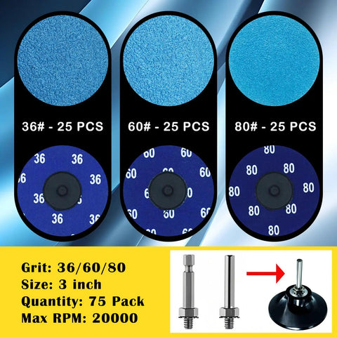 75 Piece 3 Inch Quick Change Zirconia Roll Lock Sanding Disc Set With One Quarter Inch Holder For Die Grinder Surface Prep Rust Paint Removal Polishing Finish, showing grit options 36, 60, 80 with holder.