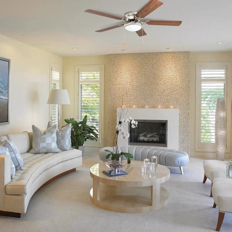 Living room with 52 Inch Hugger Ceiling Fan With Bowl Light Kit In Brushed Nickel, low profile design and dual finish blades.