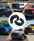RAM 1500 Towing Hook Cover With Custom Fit For 2019 To 2025 Paired With A 2 Inch Trailer Hitch Receiver Cover That Wont Fall Off Durable Black Finish Built For Daily Washes And Rough Roads shown on various truck colors