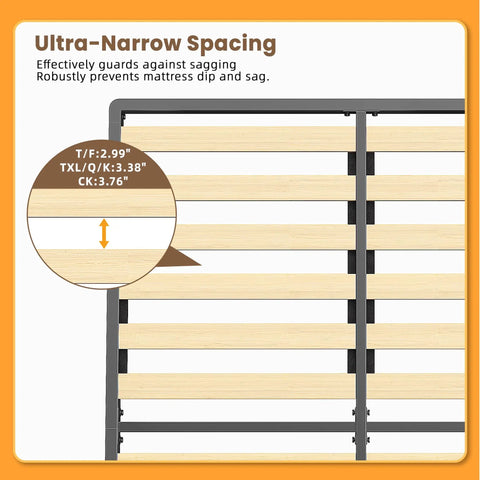 Twin Size Sag Proof Box Spring With Smooth Wooden Slats And Soft Rounded Corners shows ultra-narrow wooden slat spacing for sag prevention.