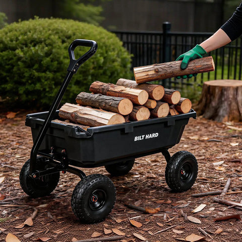 Heavy Duty Poly Garden Dump Cart With 900 Pound Capacity, 5 Cu Ft Bed, hauling logs with 10 Inch All Terrain Pneumatic Wheels