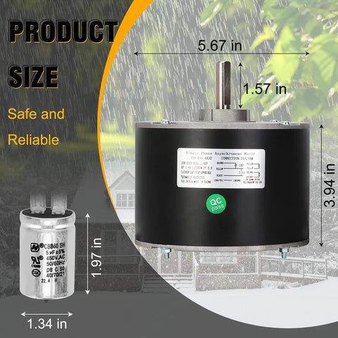 Upgraded Condenser Fan Motor 1/4 HP 1100 RPM 208 230V CW CCW With Metal Capacitor dimensions and labeling