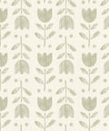 Fresh Green Floral Wallpaper Peel And Stick Self Adhesive Tulip Contact Paper Rental Friendly Home Decor Rustic Cottage Vibes Easy Install Removable Wall Covering with soft beige background and vertical tulip pattern.