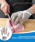 Person using Hardcore Metal Mesh Cut Resistant Glove For Meat Cutting Butcher Grade Food Safe Chainmail Hand Protection on meat.