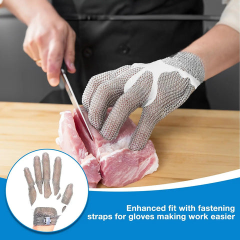 Person using Hardcore Metal Mesh Cut Resistant Glove For Meat Cutting Butcher Grade Food Safe Chainmail Hand Protection on meat.