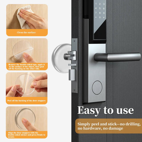 Installation process of Clear Rubber Door Stopper Set With Self Adhesive Bumpers For Walls And Cabinets on wooden surface