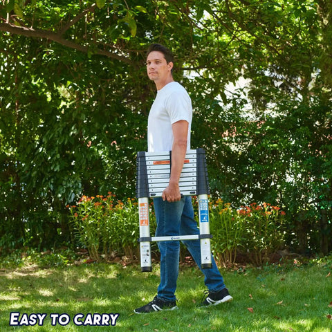 Person carrying 8.5 Foot Aluminum Telescoping Ladder With One Button Retraction Easy Pull Portable Foldable Extension Ladder