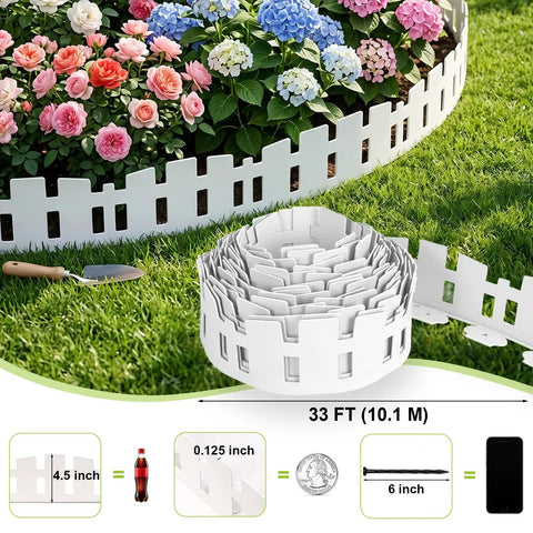 White Picket Fence Garden Edging Border 33 Foot Long Easy Install With 60 Flexible Stakes No Dig Plastic Edging