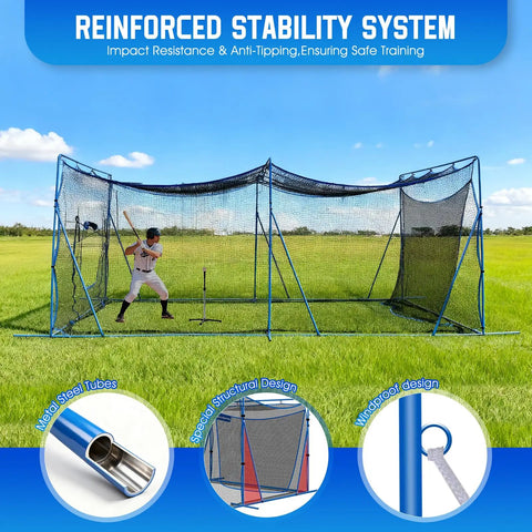 Child practicing in a 20x10x8 Ft Baseball Softball Cage with Hitting Net Dual Sided 7 Ply Netting, blue metal frame, outdoor field.