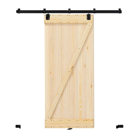 36 Inch By 84 Inch Exterior Sliding Pine Barn Door With Z Frame, Heavy Duty Black Track System, Hardware Kit Included, Waterproof And Rustproof, Garage Ready And No Sweat Install For Warehouse Or Shop