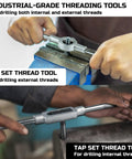Hands using 80 Piece Tap And Die Set For SAE And Metric Threads With Wrenches And Rethreading Bits For Cutting External And Internal Threads NC NF NPT Repair Tools Pro Grade