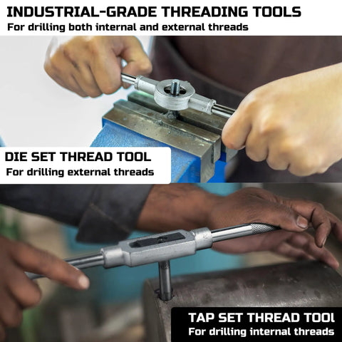 Hands using 80 Piece Tap And Die Set For SAE And Metric Threads With Wrenches And Rethreading Bits For Cutting External And Internal Threads NC NF NPT Repair Tools Pro Grade