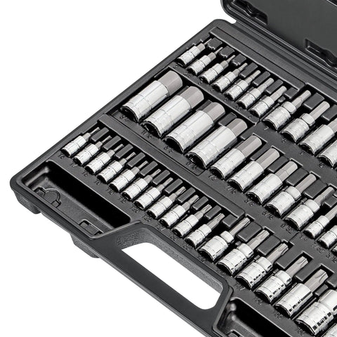50 Piece Master Torx And Allen Socket Set In S2 Steel, SAE And Metric Hex And Star Bits in open case, variety of sizes and drives