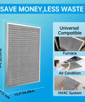 Electrostatic Reusable Air Filter For HVAC And Furnace, MERV 8, Washable and Durable, shows dimensions and universal compatibility