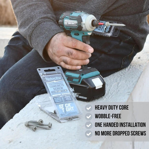 Person holding drill with 2 1/4 Inch Concrete Screws Set With RedSeal Moisture Barrier Hex Head 12 Pack Pro Grade and drill bits