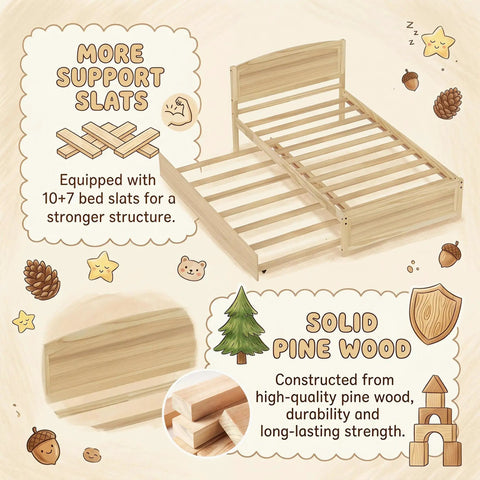 Solid Pine Twin Bed Frame With Pull Out Trundle showing slatted support structure, emphasizing durability and natural wood finish.
