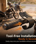 Universal Motorcycle Cruise Control Throttle Holder on a bike handlebar, showing tool-free installation design.