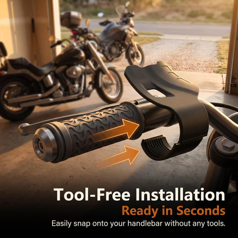 Universal Motorcycle Cruise Control Throttle Holder on a bike handlebar, showing tool-free installation design.
