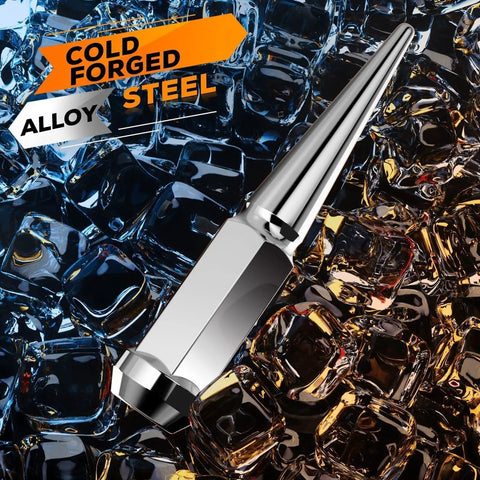 Spike Lug Nuts 14mmx1.5 Chrome 32 Piece Set With Closed End 60 Degree Cone Seat on colored background