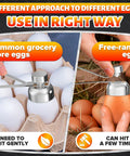 Egg Cracker Tool For Raw Eggs With Clean Cut No Mess Topper Keeps Yolks Intact And Fragments Low Durable Stainless Steel Egg Opener Easy Clean Kitchen Workhorse For Perfect Soft Boiled Or Fresh Eggs, shown on white and brown eggs