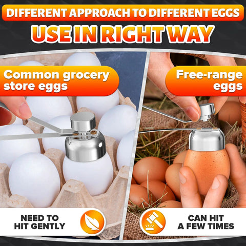 Egg Cracker Tool For Raw Eggs With Clean Cut No Mess Topper Keeps Yolks Intact And Fragments Low Durable Stainless Steel Egg Opener Easy Clean Kitchen Workhorse For Perfect Soft Boiled Or Fresh Eggs, shown on white and brown eggs