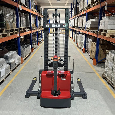 Mechmaxx 3300 Lb Electric Lithium Ion Straddle Stacker With 98 Inch Lift Height And Adjustable Legs Forks 24V Battery in warehouse aisle