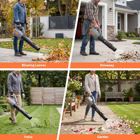 Cordless Leaf Blower With 70 Minute Runtime And 4000mAh Battery No Battery Swap Needed used on lawn, driveway, patio, and garden