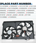 No Sweat Dual Electric Radiator Cooling Fan Assembly Direct Swap Fit For Vw Golf Beetle Jetta Rabbit 2.0L 2.5L Beats Engine Heat Daily showing dual fan design with part numbers.