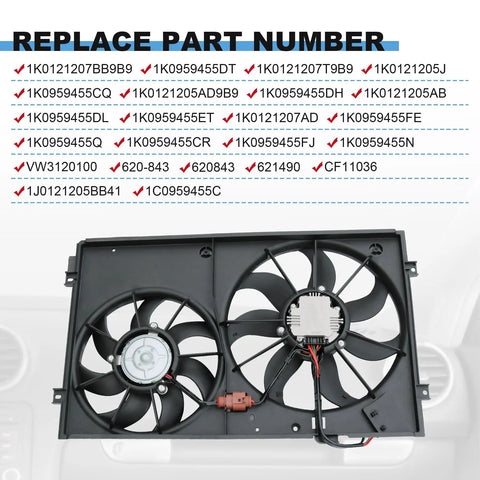 No Sweat Dual Electric Radiator Cooling Fan Assembly Direct Swap Fit For Vw Golf Beetle Jetta Rabbit 2.0L 2.5L Beats Engine Heat Daily showing dual fan design with part numbers.
