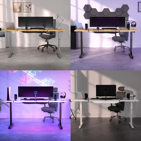Under Desk Cable Management Net For A Clean Hidden Cord Setup in a modern home office and gaming desk setup, showcasing tidy desks with hidden wires.
