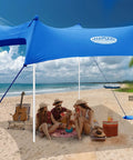 Family Friendly Beach Tent Canopy Sun Shade 10x10 Ft Portable Wind Resistant Shelter with people sitting under shades on beach