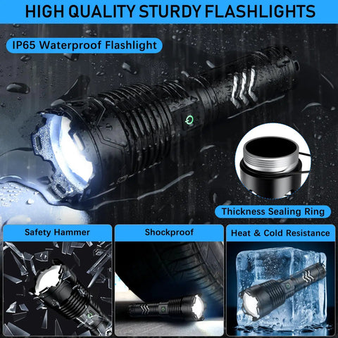 Rechargeable 1.5 Million Lumen Tactical Flashlight With Zoomable Beam, 5 Modes, Waterproof, Long Battery Life for Camping