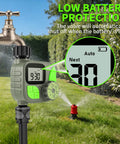 Smart Sprinkler Timer For Garden Hose With Rain Delay And Manual Mode, displaying LCD screen, outdoor lawn background
