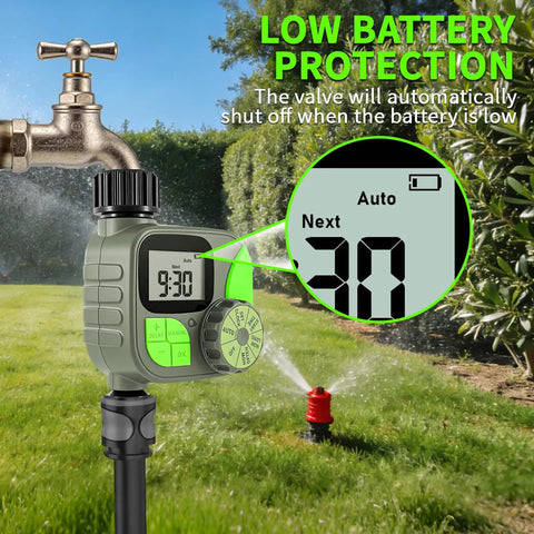 Smart Sprinkler Timer For Garden Hose With Rain Delay And Manual Mode, displaying LCD screen, outdoor lawn background