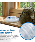 Collapsible Water Container With Spigot BPA Free Foldable Water Storage Jug With Handle on bench next to backpack