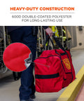 Person carrying Arsenal 5005P Heavy Duty 1000D Polyester Firefighter Rescue Gear Bag with shoulder strap and helmet pocket.