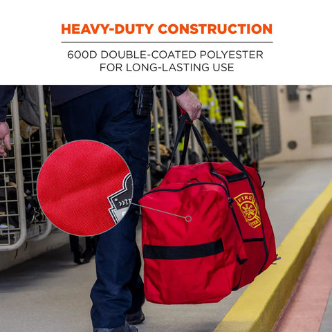Person carrying Arsenal 5005P Heavy Duty 1000D Polyester Firefighter Rescue Gear Bag with shoulder strap and helmet pocket.