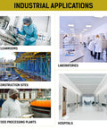 Industrial applications including cleanrooms, laboratories, construction sites, food processing plants, and hospitals with workers.