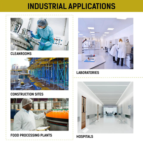 Industrial applications including cleanrooms, laboratories, construction sites, food processing plants, and hospitals with workers.