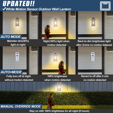 Motion Sensor Outdoor Wall Sconce With Dusk To Dawn Lighting, modes and motion detection demonstrated with white rippled glass fixture.
