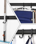 Heavy Duty Wall Mounted Tool Rack With Six Aluminum Hooks For Garage, Shed Or Workshop, showing hooks holding tools and gear