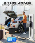 Road Trip Ready Portable Level 1 And 2 EV Charger With J1772 Connector and Nema 5-15 to 6-20 plugs charging a car with 25ft cable.