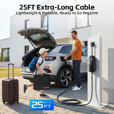 Road Trip Ready Portable Level 1 And 2 EV Charger With J1772 Connector and Nema 5-15 to 6-20 plugs charging a car with 25ft cable.