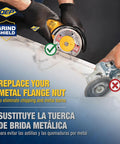 Heavy Duty Grinder Flange Nut For Tile Mitering in use on angle grinder, showing plastic Grind Shield and cone deflector.
