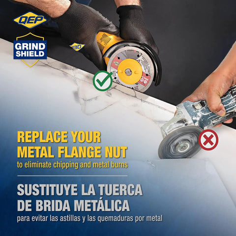 Heavy Duty Grinder Flange Nut For Tile Mitering in use on angle grinder, showing plastic Grind Shield and cone deflector.