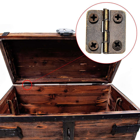 Close-up of bronze mini hinge from Two Size Bronze Mini Hinge Set With 60 Small Hinges And 300 7 Mm Screws in a wooden chest lid