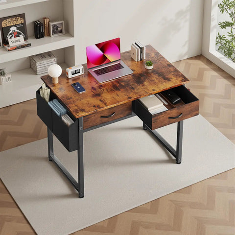 32 Inch Home Office Desk With Drawers And Storage For Gaming, Study Or Writing, Includes Fabric Drawers, Side Storage Bag, Headphone Hook, And Adjustable Feet In Rustic Brown with open drawers, laptop, and accessories